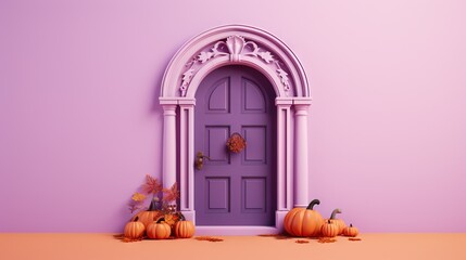  a purple door with a purple arch and pumpkins in front of it.  generative ai