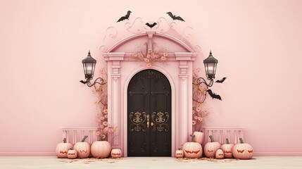  a pink room with a black door and a bunch of pumpkins.  generative ai
