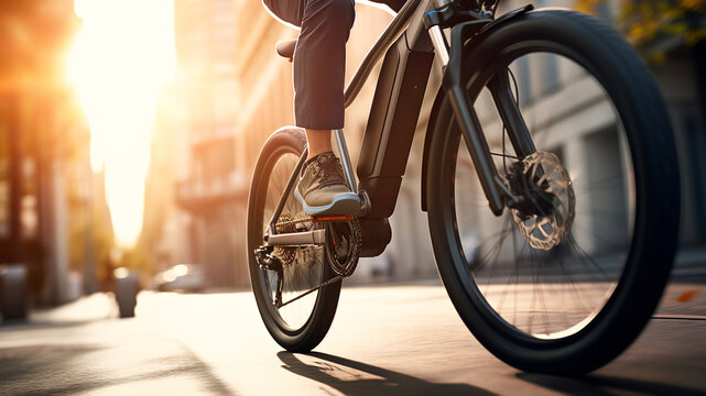 Cyclist riding e-bike through city ,view on bike and legs