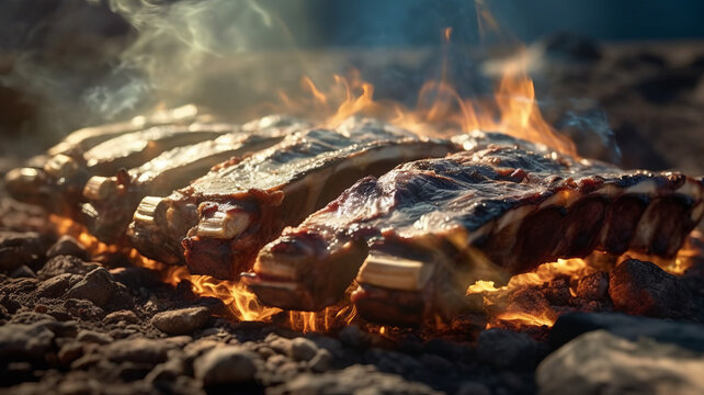 an outdoor photograph of a tasty delightful cow ribs on spit ground fire, ready to be served.