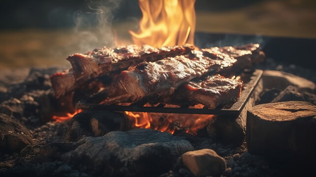an outdoor photograph of a tasty delightful cow ribs on spit ground fire, ready to be served.