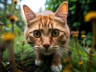 Close-up portrait of a cat. Detailed image of the muzzle. A domestic animal is looking at something. Illustration with distorted fisheye effect. Design for cover, card, postcard, decor or print.