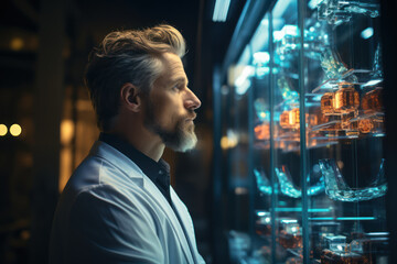 A biotechnologist contemplating the potential benefits and risks of gene editing technology. Concept of ethical considerations in biotechnology. Generative Ai.