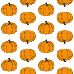 Hand drawn pumpkin seamless pattern. Modern linear style with colorful spots. Minimalist fall holiday background vector illustration. Ideal for fabric, textile, prints, wrapping paper.