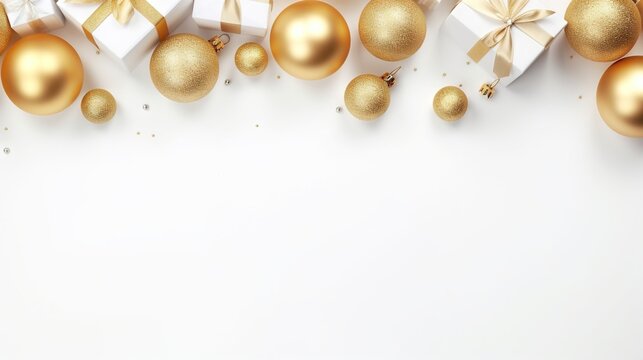  A White And Gold Christmas Background With Gold Ornaments And Bows.  Generative Ai