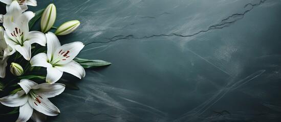 White lily head on green stone background with space - obrazy, fototapety, plakaty