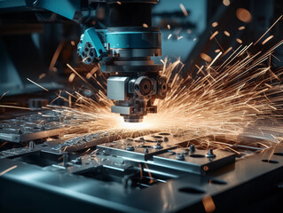 depiction of a high - speed CNC machine in action, sparks flying, metal shavings on the floor, blue lighting for high - tech ambiance