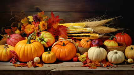 autumn background with pumpkins and corn.