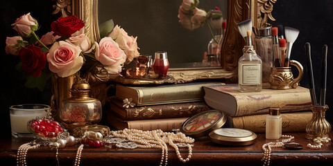vintage vanity table, adorned with pearl necklaces and roses, featuring an assortment of makeup items: mascara, eyeliner, and blush; soft, ambient lighting