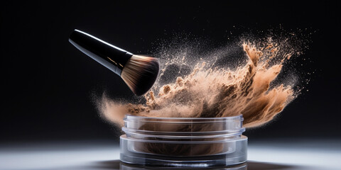 makeup brush in the action of swirling inside a translucent loose setting powder jar, captured mid - motion, white background - obrazy, fototapety, plakaty