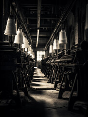 Vintage textile machines in an old factory, captured in monochrome for an authentic feel. Shafts of...