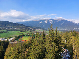 view to the mountains from Bled castle. Julian Alps under blue sky.  Slovenia.