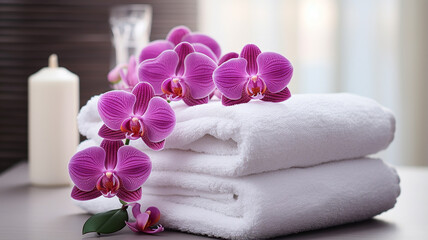 Obraz na płótnie Canvas orchid flower, towel and towels on table