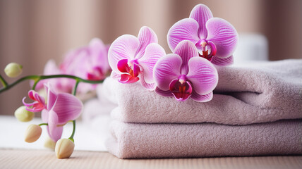 Obraz na płótnie Canvas orchid flower, towel and towels on table