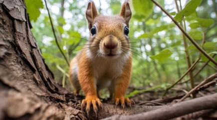 Naklejka na ściany i meble close-up of cute squirrel in the park, cute squirrel in the forest, squirrel in the woods, close-up of pretty squirrel