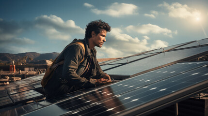 A man sitting on the roof of a house, looking at solar panels, generative AI




