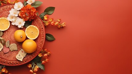 a plate with oranges and flowers on a red background.  generative ai