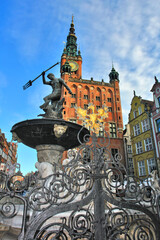 View of the town hall in Gansk with Neptune's fountain