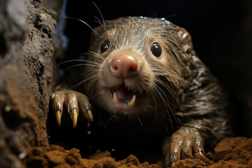 The rare and bizarre star-nosed mole, using its unique nose to navigate underground tunnels in...