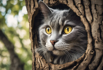 A cat sits in ambush in a hollow tree. The cat is hunting.