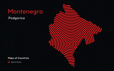 Creative map of Montenegro. Political map. Capital  Podgorica. World Countries vector maps series. Spiral fingerprint series	
