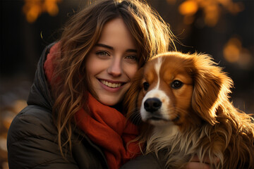 cute happy young woman hugging her dog in the autumn park. Friendship between animals and their owners. A riot of colors of nature. Lessons on the street