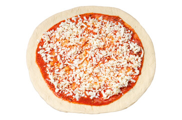 pizza preparation, with grated cheese, isolated on a white background