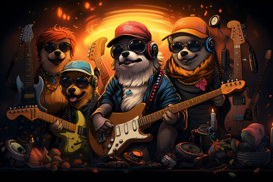 A dog  playing guitar and a hat on a dark background.