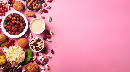 Obraz na płótnie Canvas a variety of nuts and other foods on a pink background. generative ai