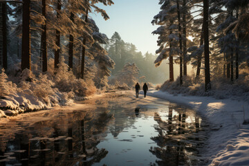 A pair of ice skaters gracefully gliding across a frozen pond surrounded by snow-covered pines. Generative Ai.