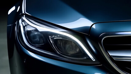 close up,Headlight by night. Front Car detail. The front lights of the luxury car. Car's light.