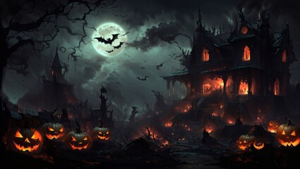 halloween night with pumpkins in flames terror moon vampires scary backgorund