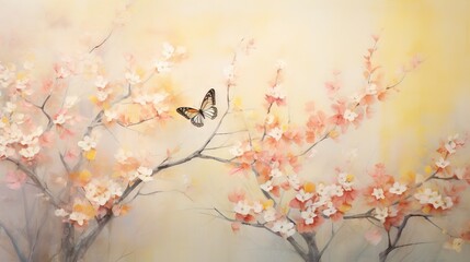 Naklejka na ściany i meble a painting of a butterfly flying over a tree with pink flowers. generative ai