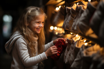 A child excitedly hanging a stocking by the fireplace in hopes of receiving small gifts. Generative Ai.