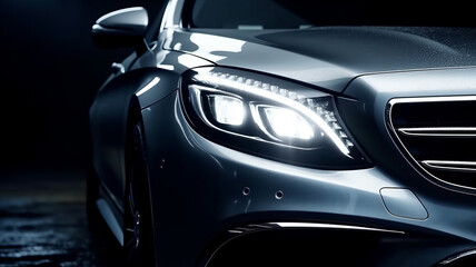 close up,Headlight by night. Front Car detail. The front lights of the luxury car. Car's light.
