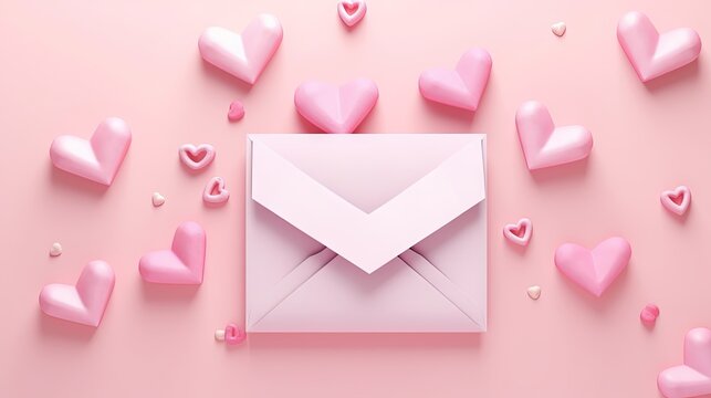  a pink envelope with hearts surrounding it on a pink background.  generative ai