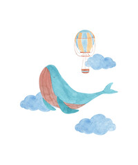 Sailing whale in clouds flying with hot air balloon in the sky - fairytale whimsical worlds. Cartoon style watercolor illustration. Nursery children's room design.