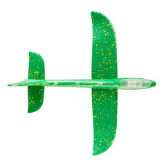 Toy airplane glowing glider green color isolated on white background close-up