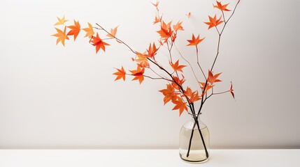  a glass vase with a branch with orange leaves in it.  generative ai