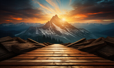 A surrealistic background with mountains and a road to success. Wallpaper with a beautiful sunset, Generative AI