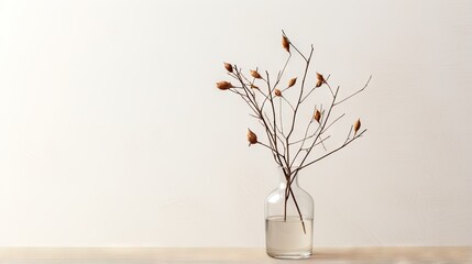  a glass vase with a branch in it on a table.  generative ai