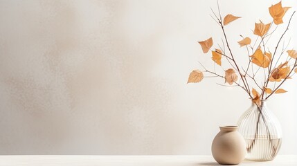  two vases with dried leaves in them on a table.  generative ai