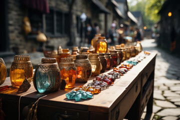 Street vendors selling traditional Polish souvenirs, including amber jewelry and wooden handicrafts. Generative Ai. - obrazy, fototapety, plakaty