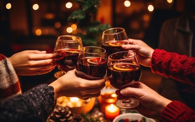 Friends toasting with hot mulled wine at Christmas - obrazy, fototapety, plakaty