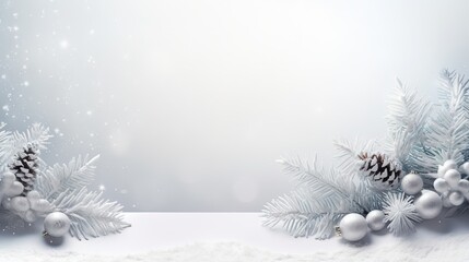 Fototapeta na wymiar a white christmas background with pine cones and balls on snow. generative ai