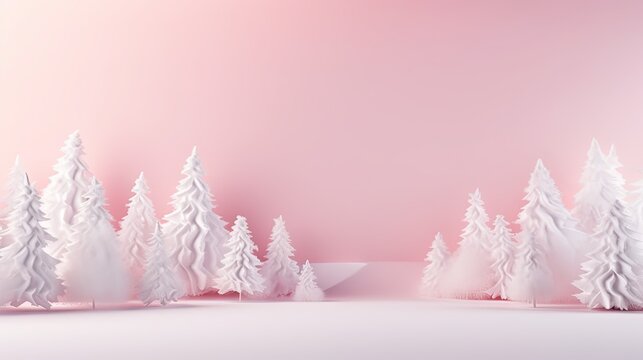  a group of white trees on a pink background with a pink wall.  generative ai