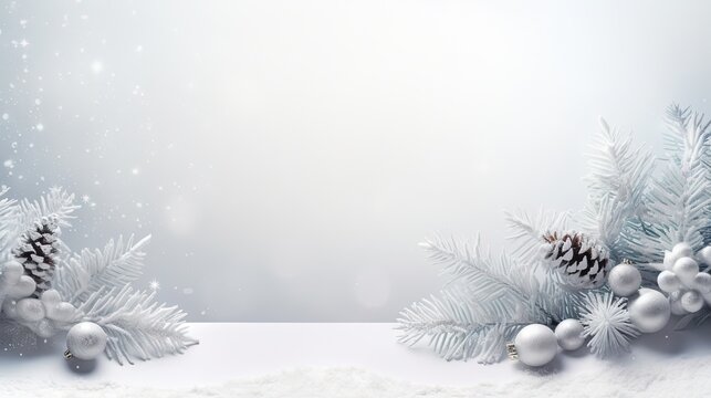  a white christmas background with pine cones and balls on snow.  generative ai