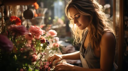 florist worker making bouquets and working in the store - obrazy, fototapety, plakaty