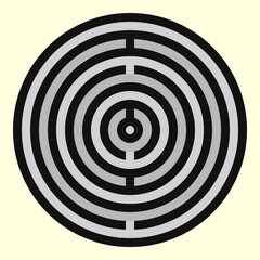 Grey and black stylized circles on yellow background. Symmetric geometric repeating rounds abstract. Interior decorative board. Circular surface pattern design. Rings spheres borders wallpaper. Vector