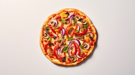  a pizza topped with lots of veggies on top of a white table.  generative ai